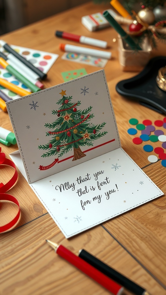 Handmade Christmas card with a Christmas tree design, surrounded by crafting materials.